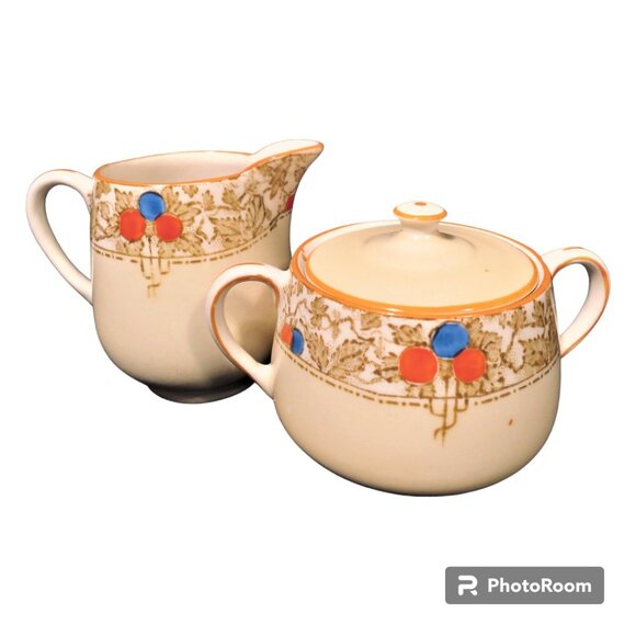 Antique Sugar Bowl Creamer Set James Kent FLORENTINE Ye Olde Foley Ware - Picture 1 of 8